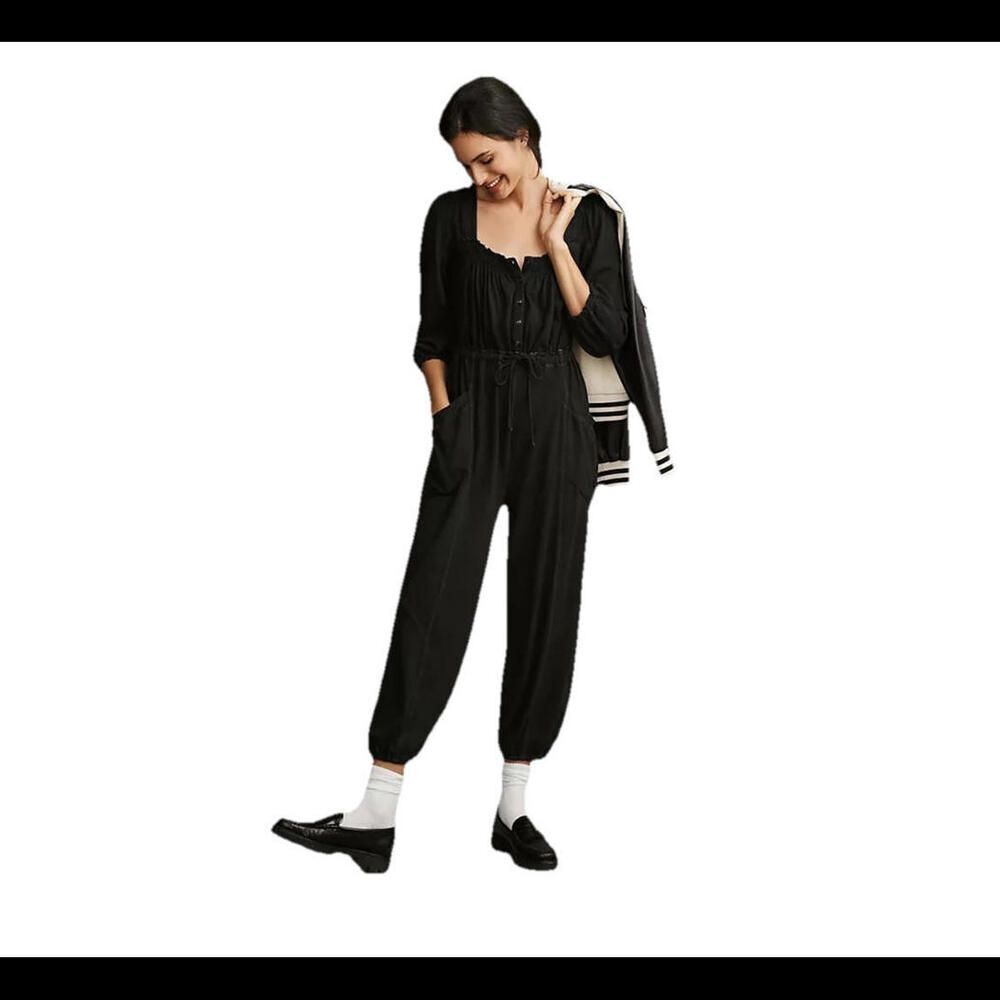 Free People Daily Practice Black Jumpsuit  Long Sleeve Sz Small S Jogger